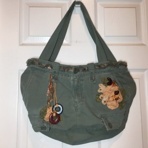 American Eagle Jean Fabric Olive Green Beads Lace Flowers Shoulder Bag Tote - Picture 1 of 16